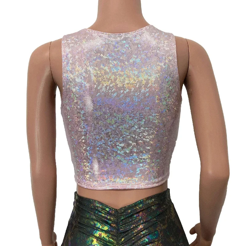 Lace-Up Crop Tank Top - Pink Shattered Glass Holographic