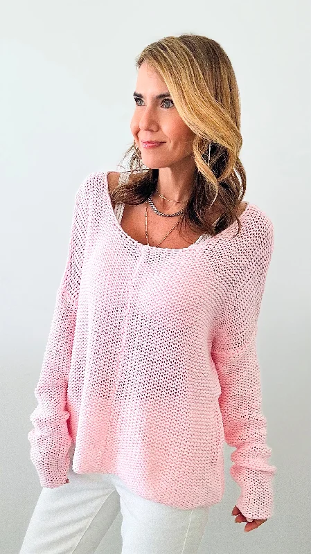 Long Sleeve V-Neck Soft Cable Knit  - Baby Pink