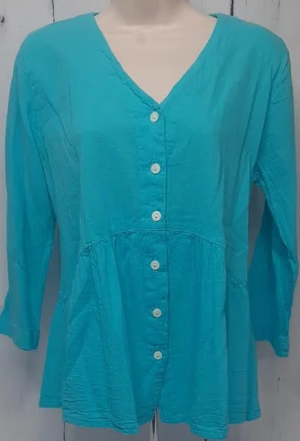 Top-Button Front Long Sleeve-Turquoise-Women's-S-1677