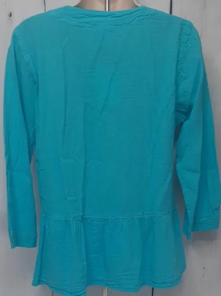 Top-Button Front Long Sleeve-Turquoise-Women's-S-1677