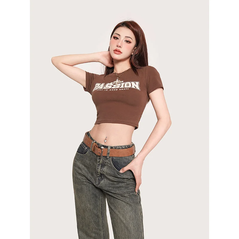 PASSION Graphic Letter Print Solid Color Short Sleeve Cropped Top