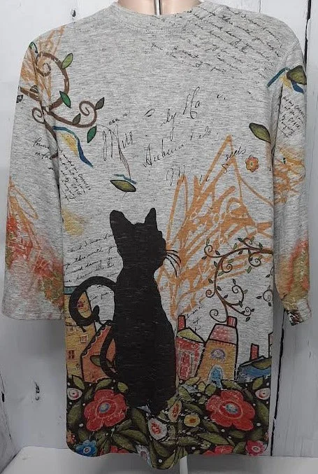 Shirt  Pullover Grey Cat Abstract V-Neck  3/4 Sleeve Women's-T350fL