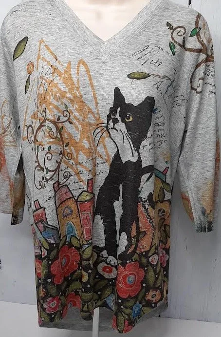 Shirt  Pullover Grey Cat Abstract V-Neck  3/4 Sleeve Women's-T350fL