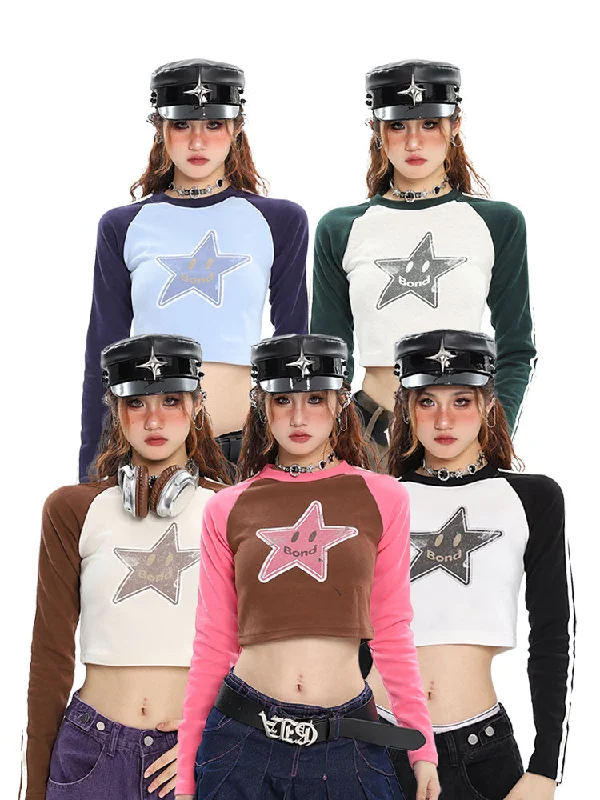 Starfish Bond Graphic Image Print Double Stripe Patchwork Long Sleeve Cropped Top