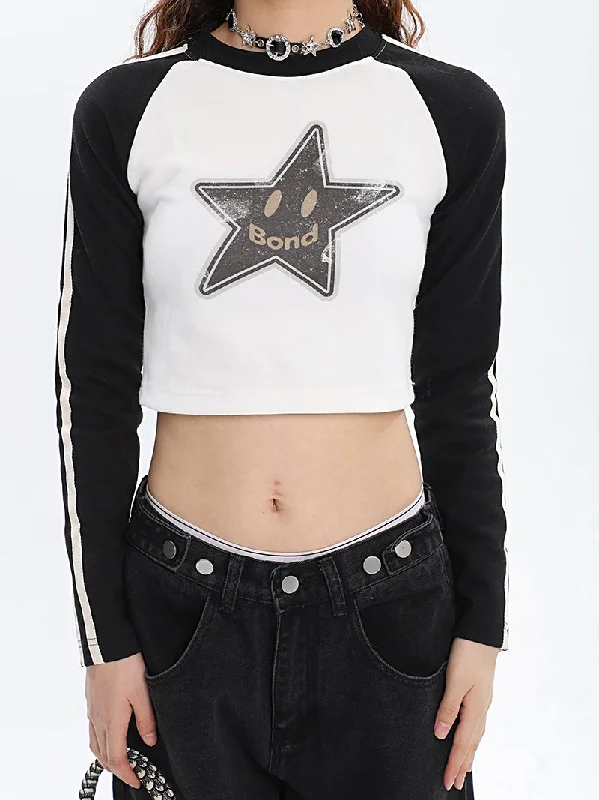 Starfish Bond Graphic Image Print Double Stripe Patchwork Long Sleeve Cropped Top