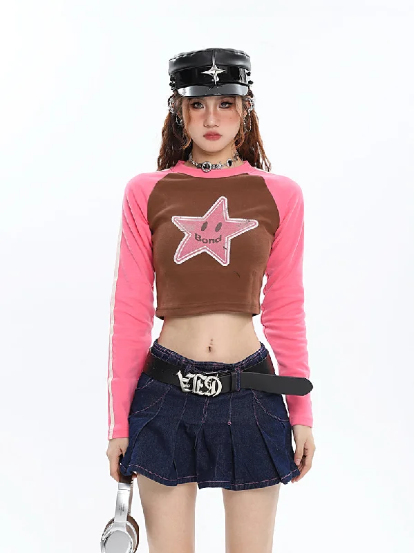 Starfish Bond Graphic Image Print Double Stripe Patchwork Long Sleeve Cropped Top