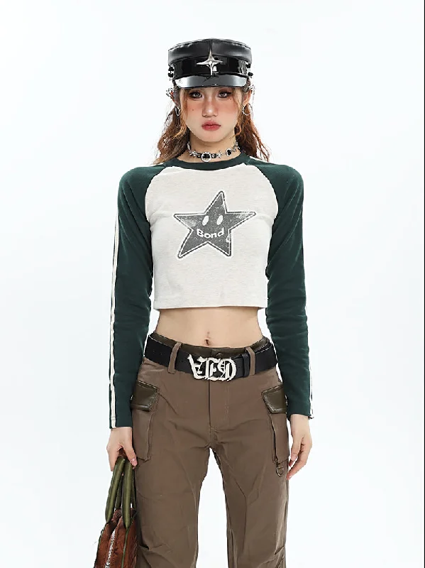 Starfish Bond Graphic Image Print Double Stripe Patchwork Long Sleeve Cropped Top