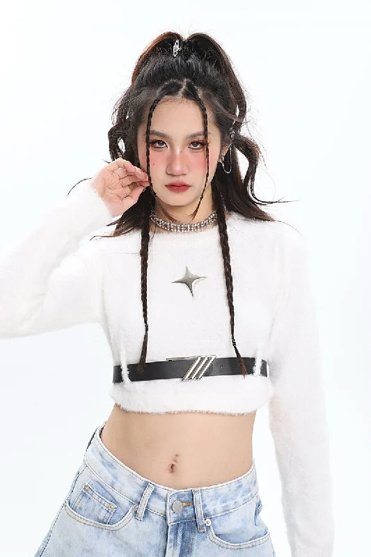 Twinkle Star Solid Color Long Sleeve Waist Belt Cropped Top