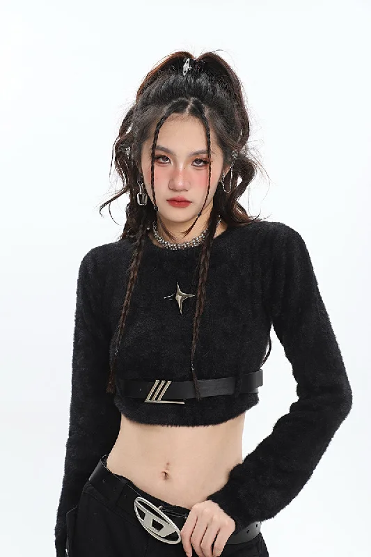 Twinkle Star Solid Color Long Sleeve Waist Belt Cropped Top