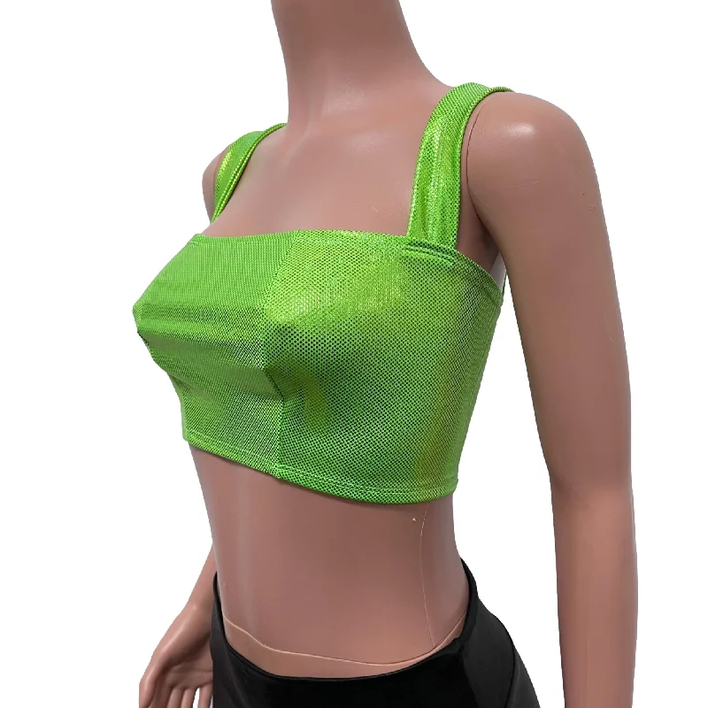 Wide Strap Square Neckline Crop Top - Lime Holographic Shattered Glass