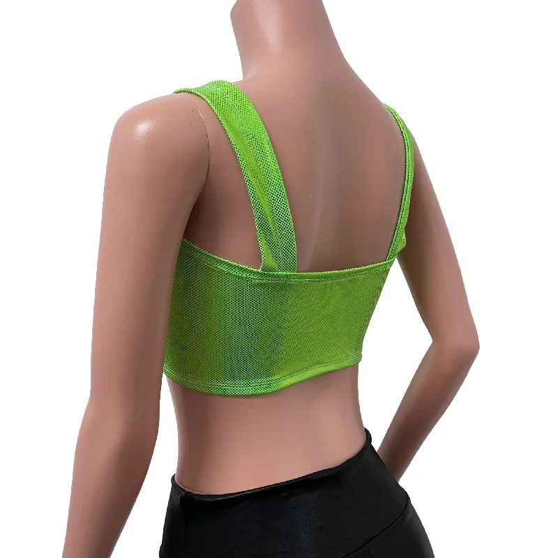 Wide Strap Square Neckline Crop Top - Lime Holographic Shattered Glass