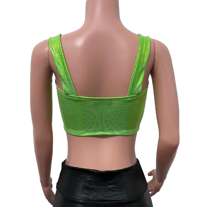 Wide Strap Square Neckline Crop Top - Lime Holographic Shattered Glass