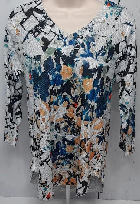 Top 3/4 Sleeve V Neck Blue Maple Print Women's t350ps mm29