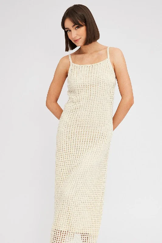 Beige Knit Dress Sleeveless Maxi Crochet