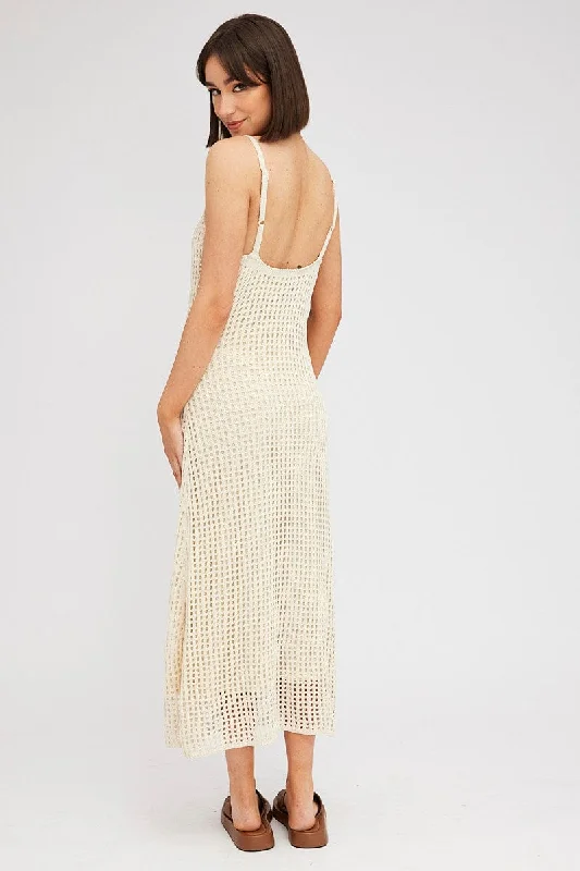 Beige Knit Dress Sleeveless Maxi Crochet