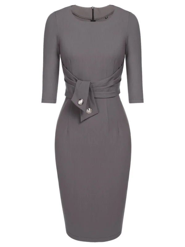 Gray 1960s Belt Solid Pencil Dress