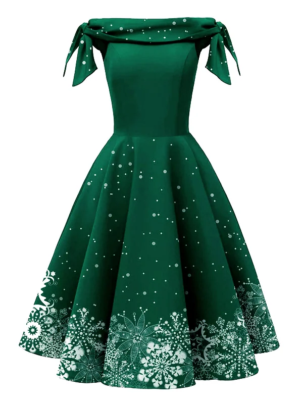 Green 1950s Christmas Snowflake Off-Shoulder Dress