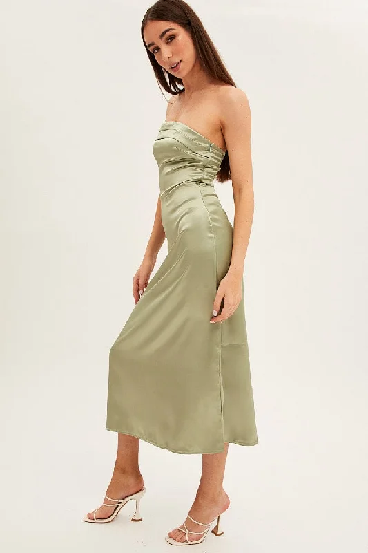 Green Satin Straight Midi Dress