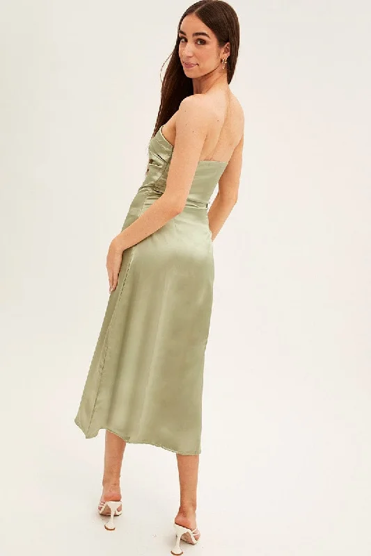 Green Satin Straight Midi Dress