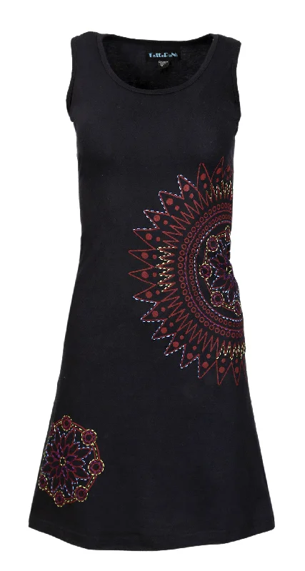 ladies-sleeveless-dress-with-side-flower-embroidery-and-print-design-black-beam-lmn-4067(No Exchange/ No Refund)