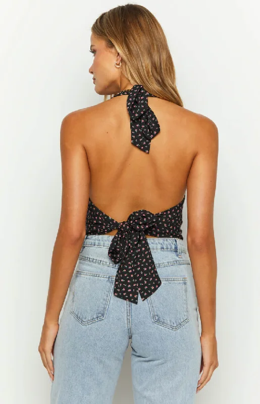 Midnight Blossom Black Floral Crop Top