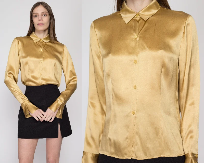 Sm-Med 90s Gold Silk Satin Bell Cuff Blouse