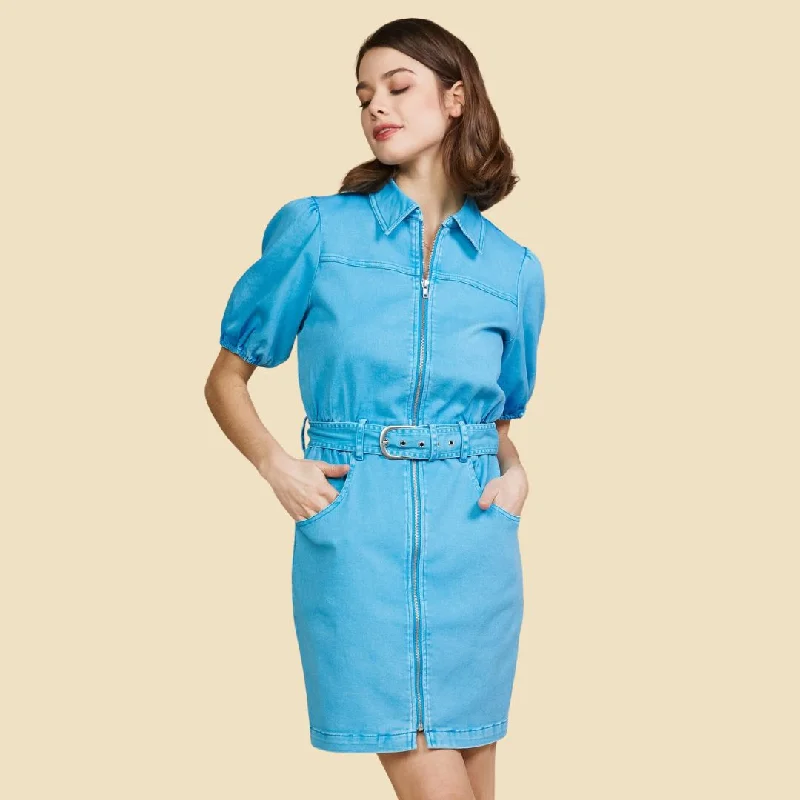 Washed Cotton Twill Zipper Dress (Bright Blue)