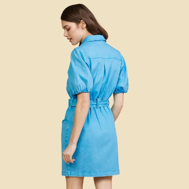 Washed Cotton Twill Zipper Dress (Bright Blue)