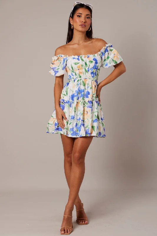 White Floral Fit And Flare Dress Puff Sleeve