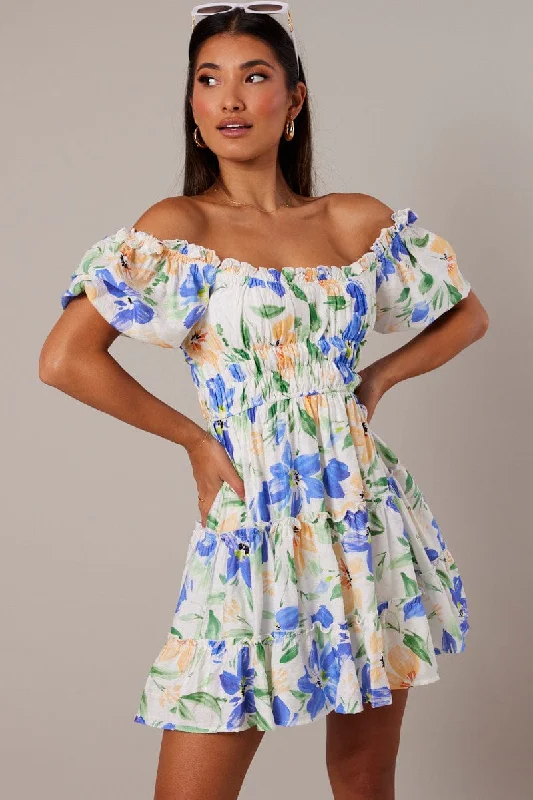 White Floral Fit And Flare Dress Puff Sleeve