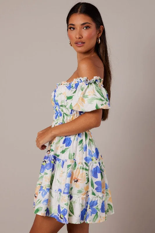 White Floral Fit And Flare Dress Puff Sleeve