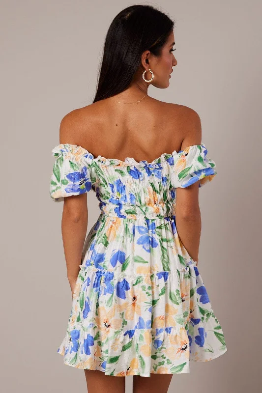 White Floral Fit And Flare Dress Puff Sleeve