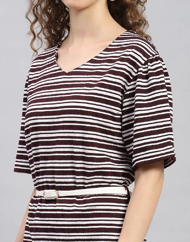 Women Maroon Stripe Round Neck 3/4 Sleeve Dress