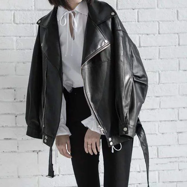 High Quality Spring Black PU Leather Loose Turn-down Women Jacket