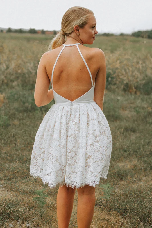 A Line Ivory Lace Halter Neckline Backless Short Homecoming Dress Graduation Dress OK1600