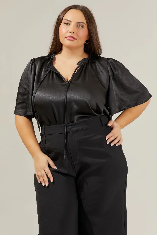 Angela Satin Tie Neck Flutter Sleeve Blouse Curve