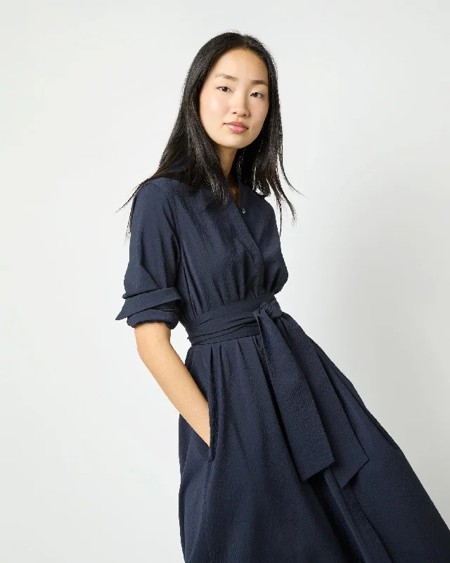 Long-Sleeved Gianna Dress in Navy Wool Seersucker