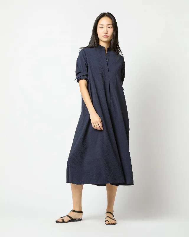 Long-Sleeved Gianna Dress in Navy Wool Seersucker