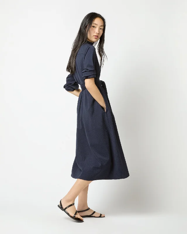 Long-Sleeved Gianna Dress in Navy Wool Seersucker