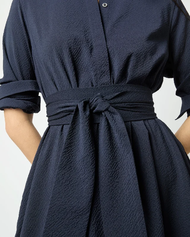 Long-Sleeved Gianna Dress in Navy Wool Seersucker