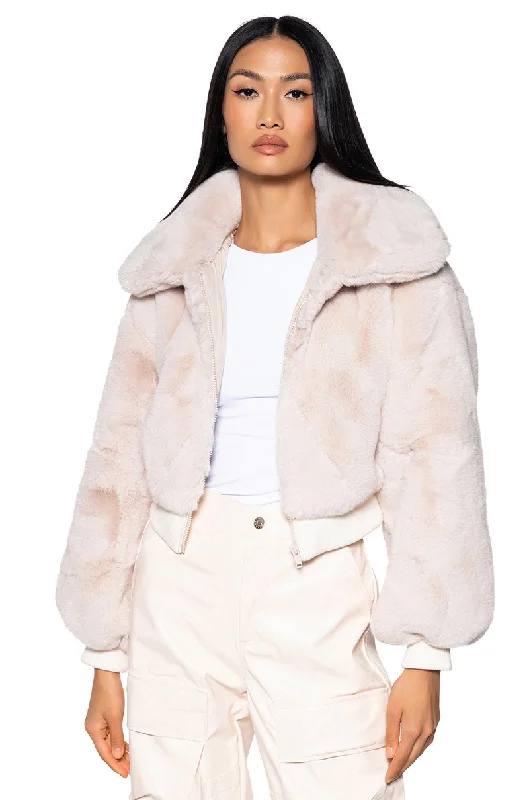 DREW FAUX FUR BOMBER WITH RIB TRIM