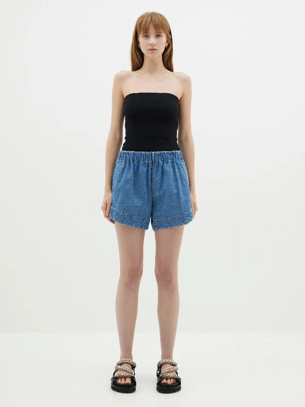 Bassike Pull On Denim Mini Short Light Blue