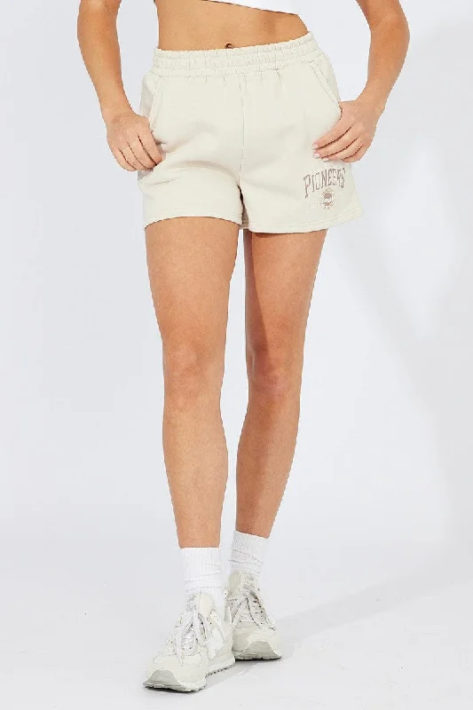 Beige Track Shorts High Rise