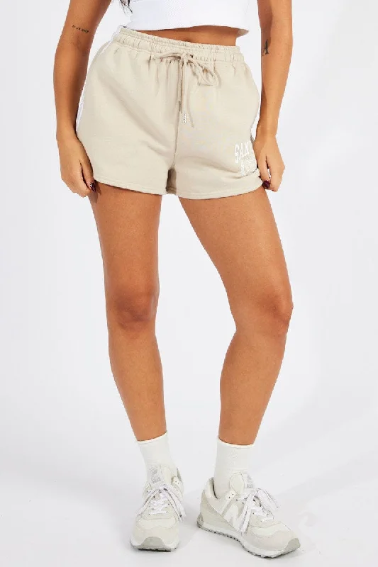 Beige Track Shorts High Rise Elastic Waist