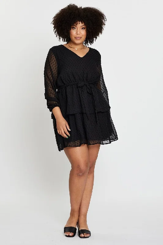 Black Long Sleeve Flocked Spot Skater Dress