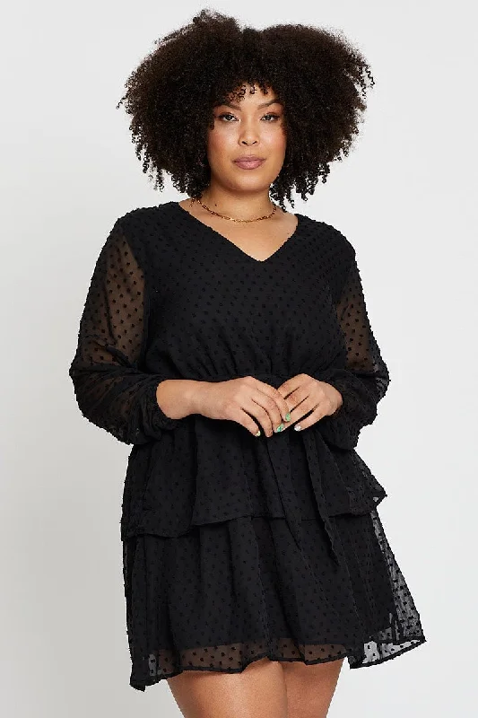 Black Long Sleeve Flocked Spot Skater Dress