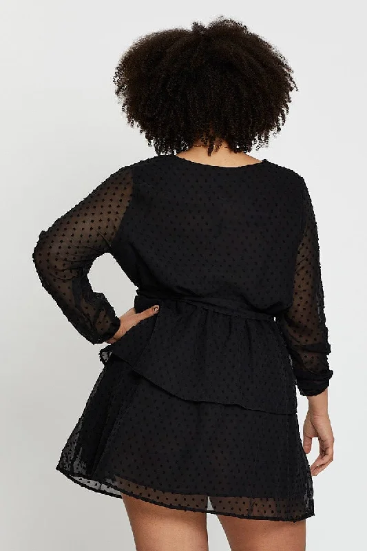 Black Long Sleeve Flocked Spot Skater Dress