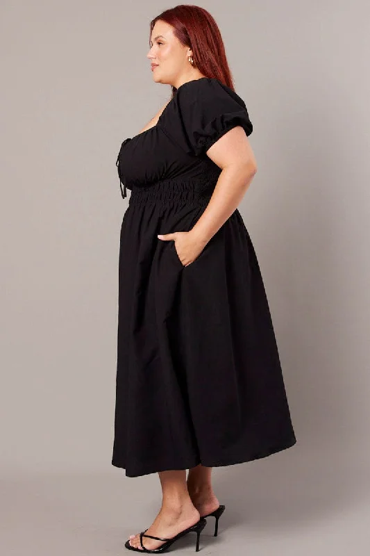 Black Midi Dress Short Sleeve Ruched Bust