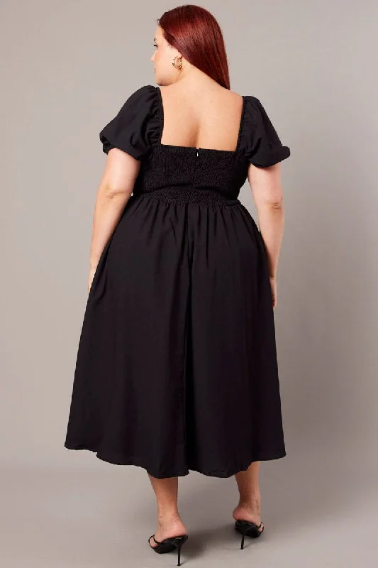 Black Midi Dress Short Sleeve Ruched Bust