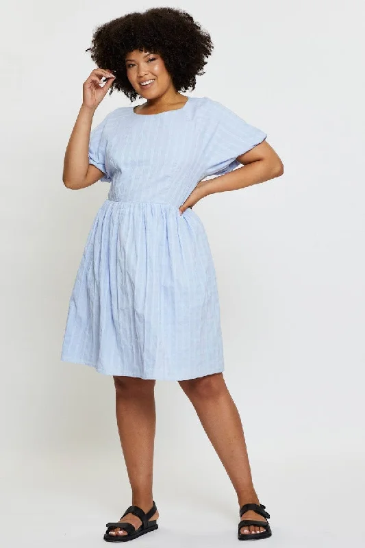 Blue Skater Dress Round Neck Short Sleeve